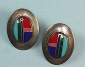 Vintage Channel Inlay Earrings Sterling NA Multi Stone