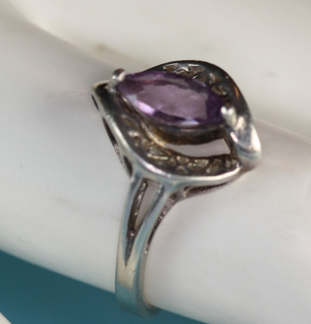 Vintage Amethyst Ring with Sterling Filigree Sz 7 1/4 Signed Avon