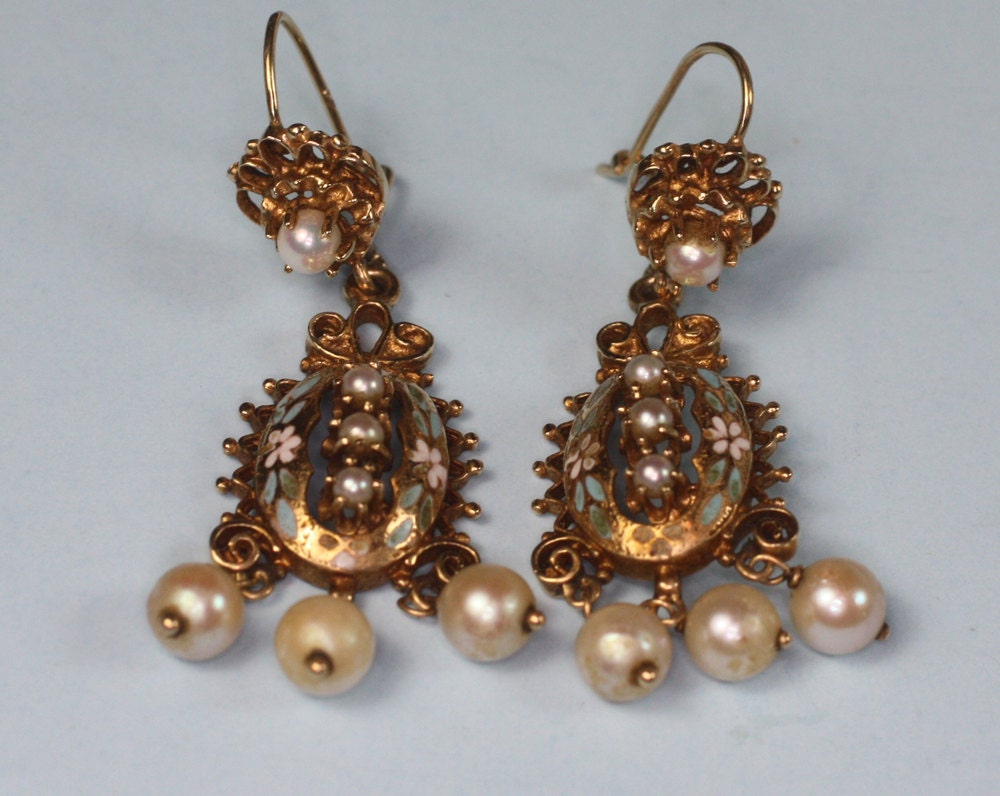 Victorian 14K Gold Earrings Enameled Cultured Pearls Drop Dangle Pierced