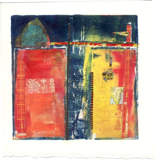 Inner City - Unique Collagraph print with collage