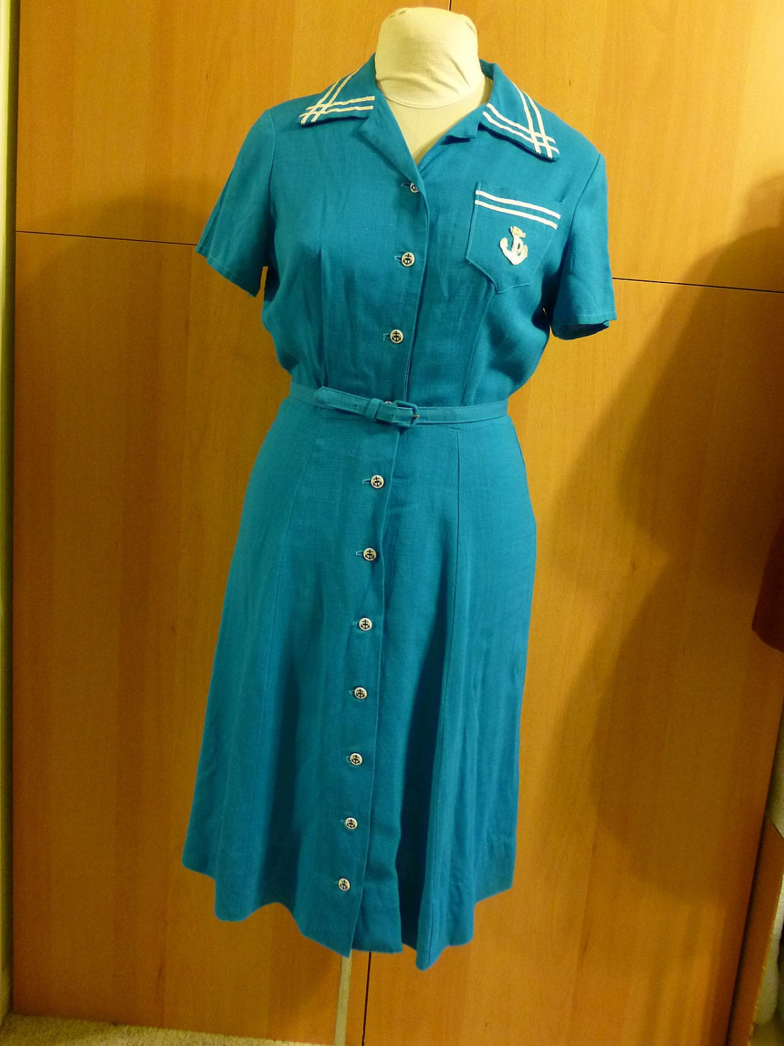 Vintage Nautical Theme 1950s Linen Dress