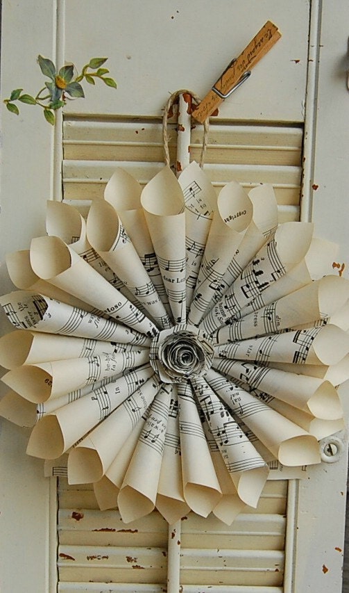 Sheet Music Wreath Vintage Hymnal wtih paper Rose