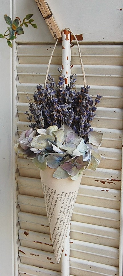 Vintage French Book Cone with Dried French Lavender and Hydrangea