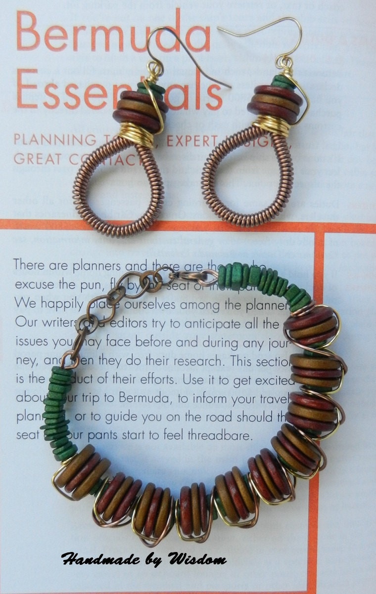 Bronze, Gold and Green Beaded Bracelet with Matching Coiled Earrings