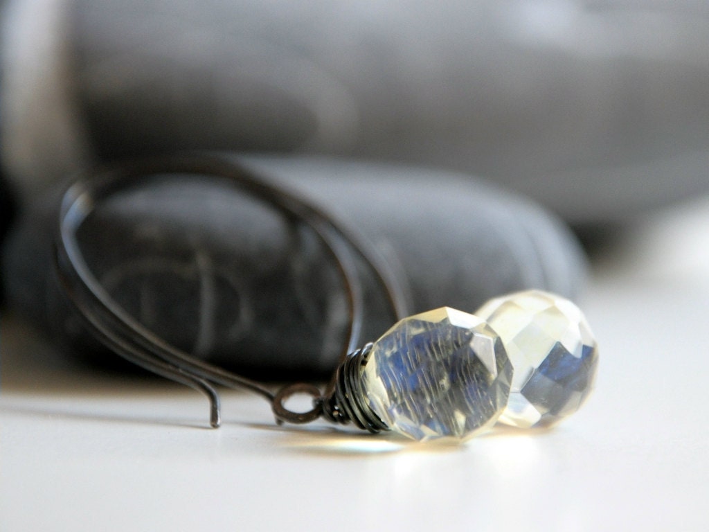 Silver Citrine Earrings - Oxidized sterling silver and Czech Glass light yellow clear teardrop beads - made to order