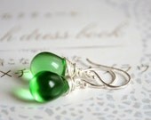 Green Drops Earrings -  Sterling Silver and Czech Glass