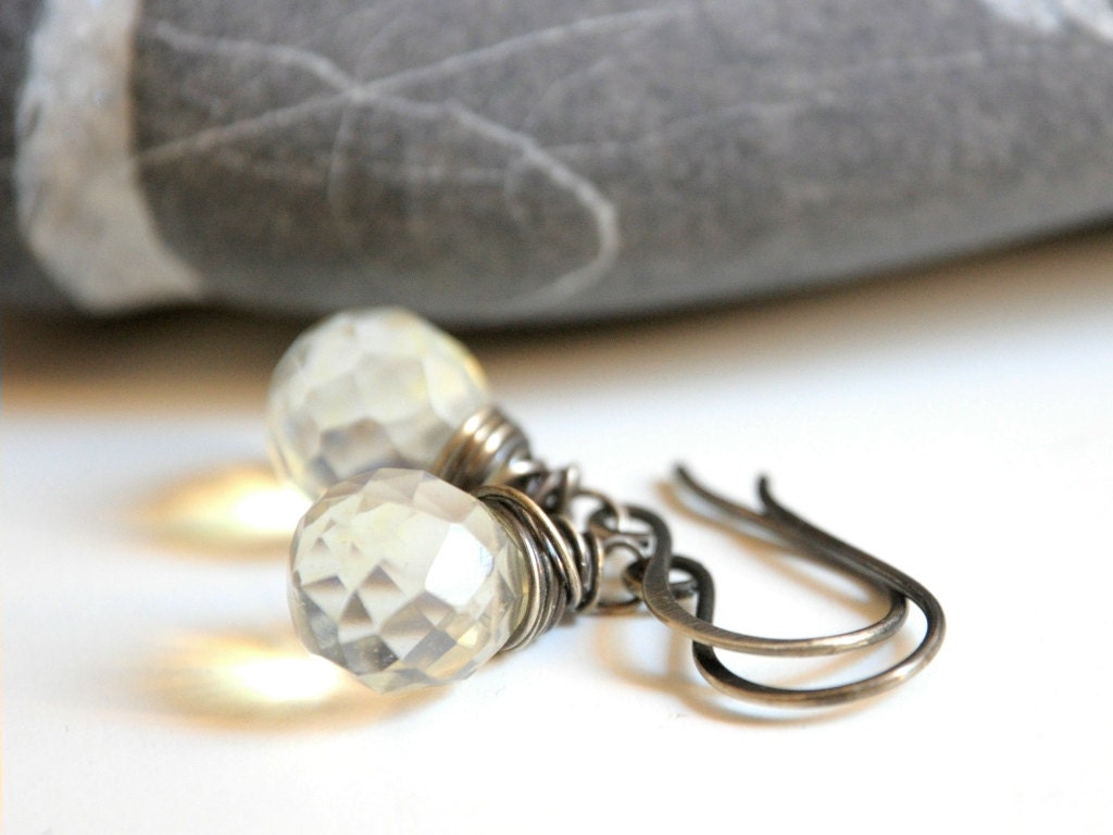 Silver Earrings - Oxidized sterling silver and Czech Glass pale citrine yellow teardrop beads - ready to ship