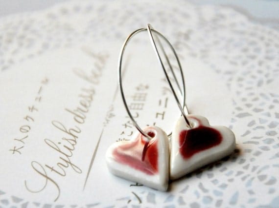 Red Hearts Earrings - Sterling Silver Hoops, Porcelain Clay Crimson Hearts - Last pair