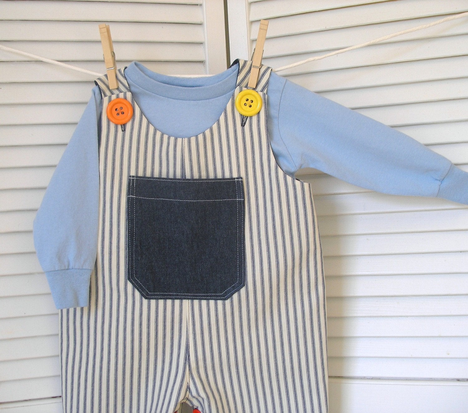 Boy's Blue Ticking Stripe Long Romper