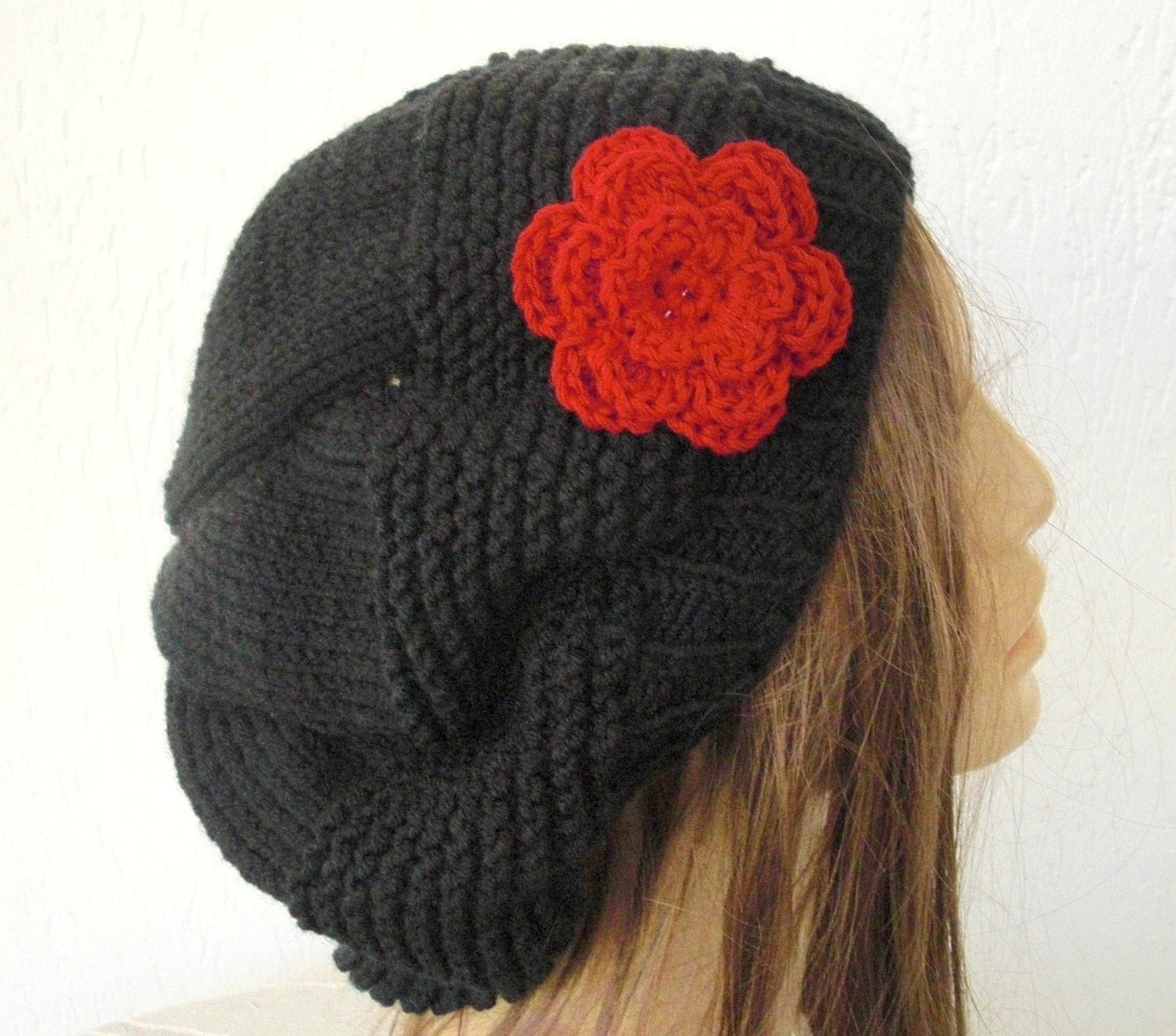 Hand Knit Hat- Slouchy Hat   in  Black  with red flower -   womens hat  Slouch  Winter Accessories Christmas Gift -beret fall autumn