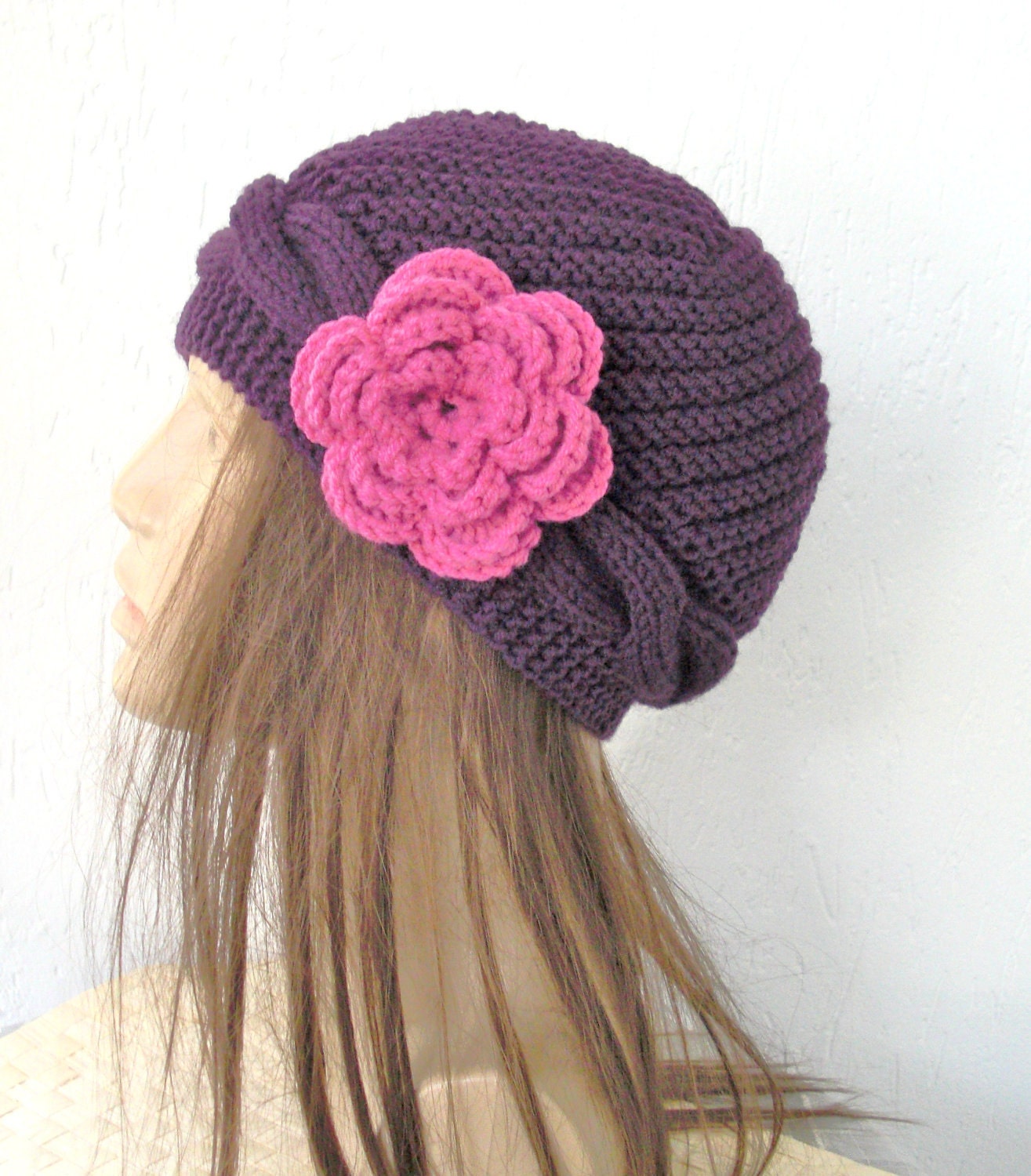 Hand Knit  Womens Hat   Cloche Hat  in Purple with  Fuschia  Flower  cable knit   Hat    Autumn  Winter Accessories Fashion Mothers Day