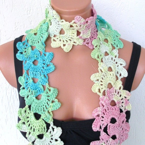 Crochet Womens Scarf- Seashell Scarf in Cream pink blue green - Inspired Turkish Lace- Cotton- crochet Lariat- Summer Scarf