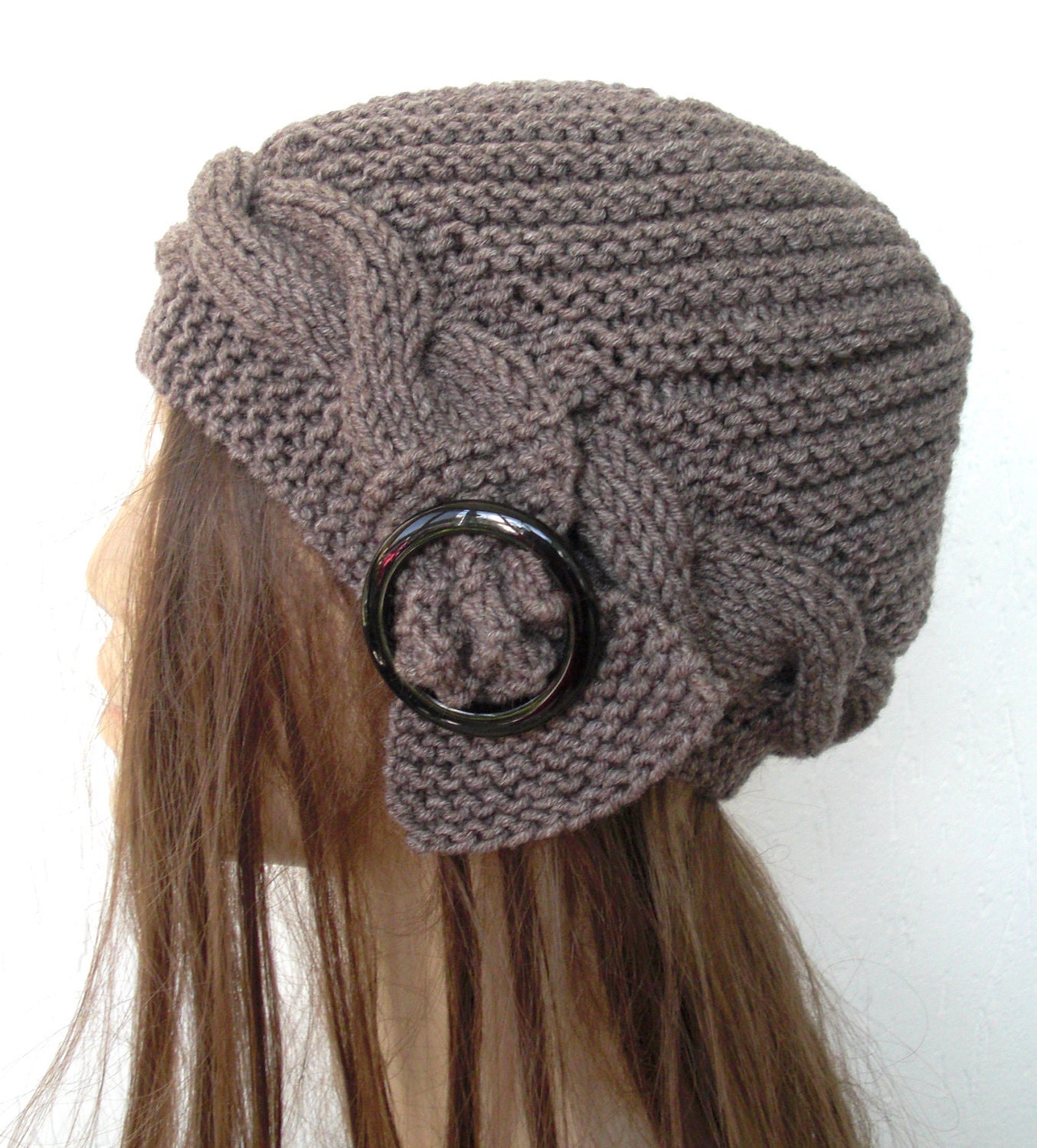 Hand Knit  Turban  Hat  Cloche Hat  in  taupe with black buckle  Womens cable knit   Hat Autumn winter Fashion Accessories Valentines Day