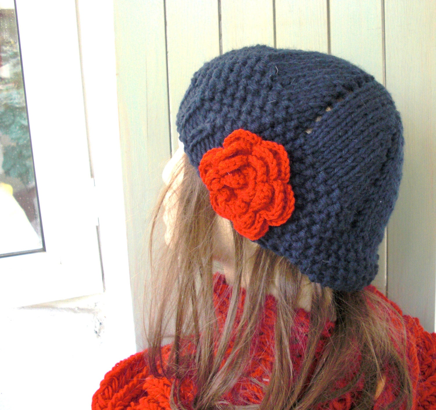 Hand Knit Hat - Womens hat- beret  Navy Blue with red  flower- womens Slouch Beanie    Fashion gifts  Winter Accessories hat fashion tam
