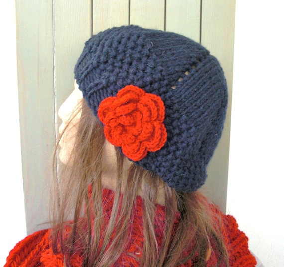 Hand Knit Hat - Womens hat- beret  Navy Blue with red  flower- womens Slouch Beanie    Fashion gifts  Winter Accessories hat fashion tam