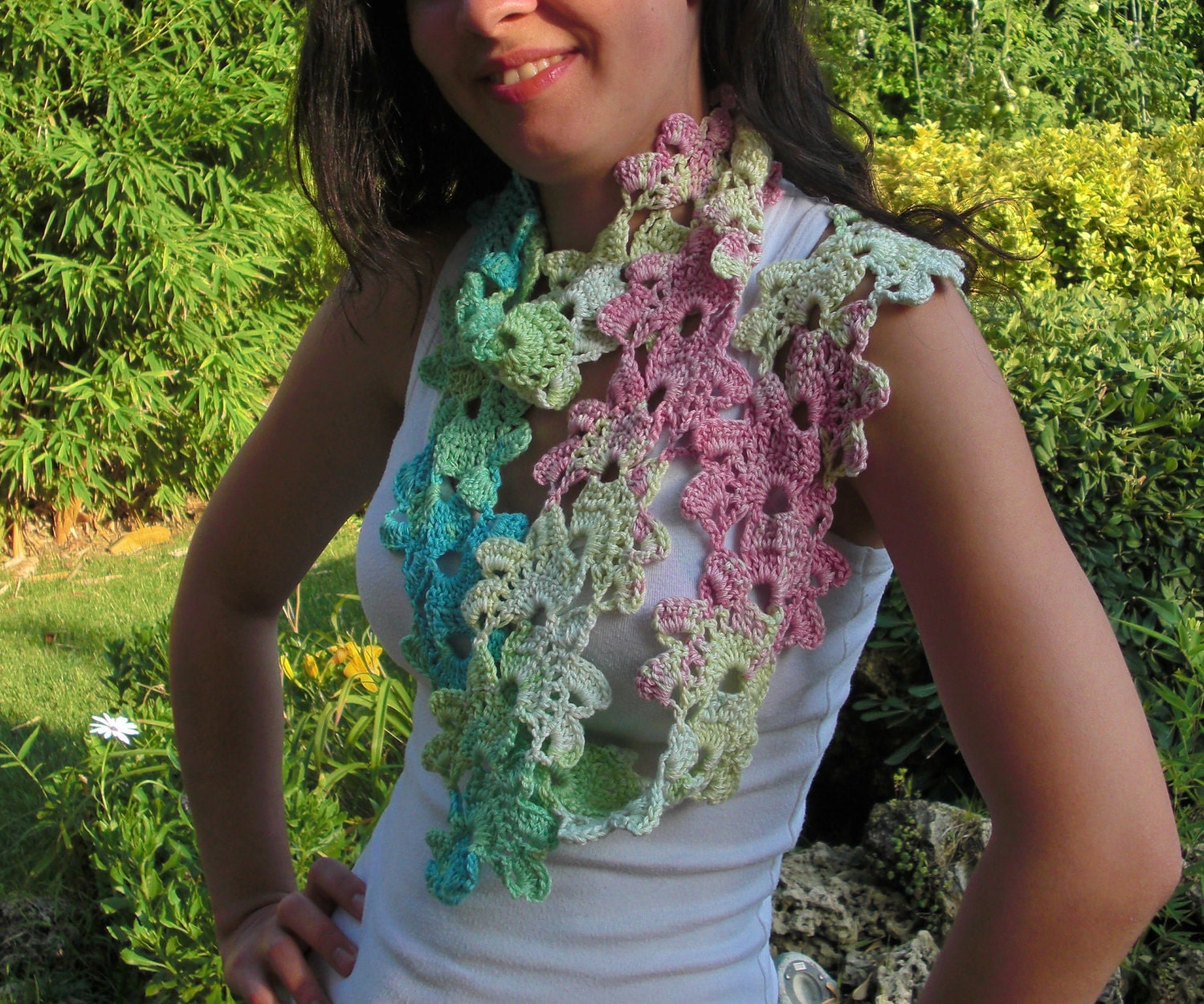 Crochet Womens Scarf- Seashell Scarf in Cream pink blue green - Inspired Turkish Lace- Cotton- crochet Lariat- Summer Scarf