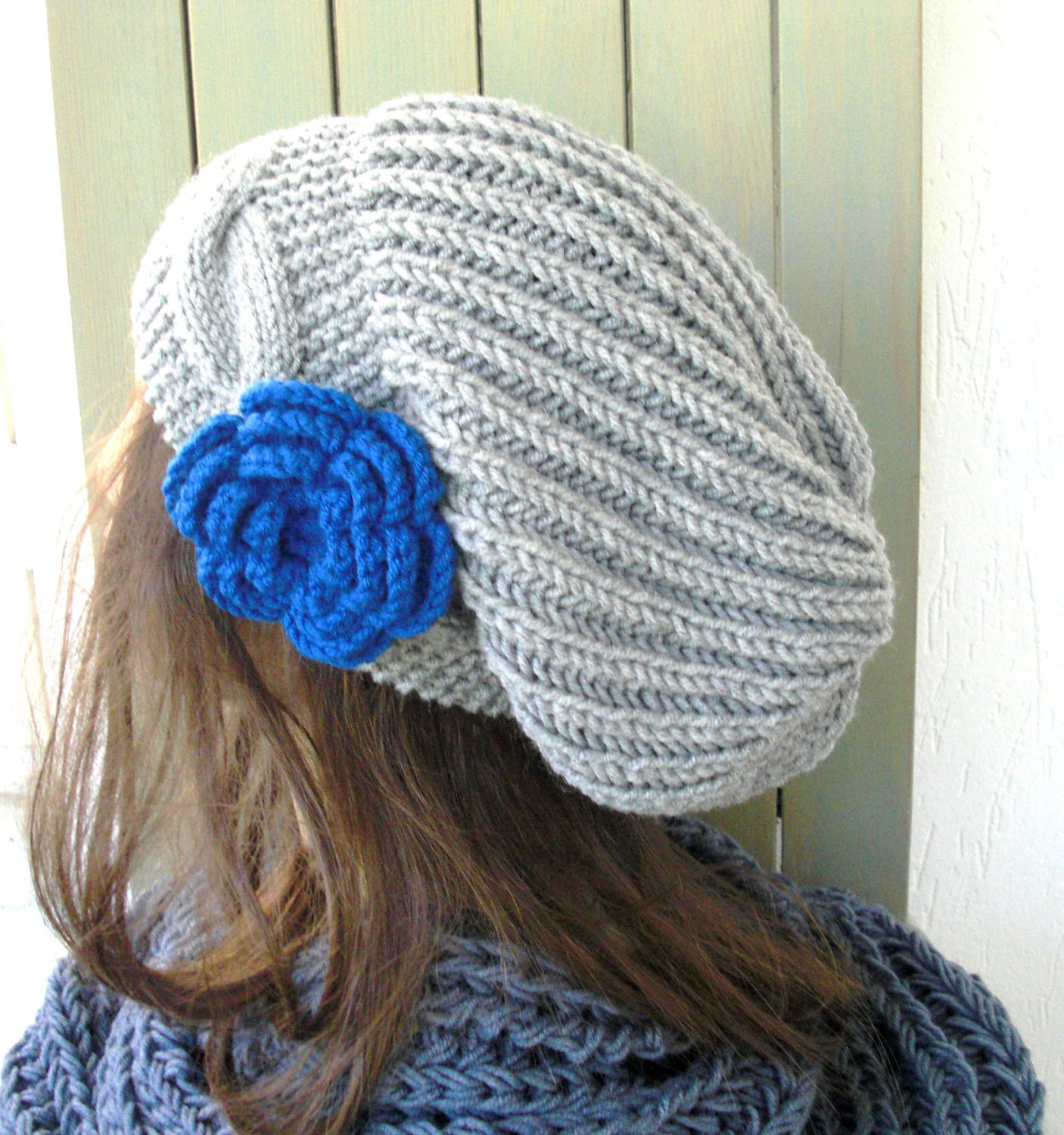 Hand Knit Hat- Womens hat - chunky knit Slouchy Beanie Slouch Hat Flower Winter Accessories knitted beret silver gray Autumn Fashion