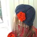 Hand Knit Hat - Womens hat- beret  Navy Blue with red  flower- womens Slouch Beanie    Fashion gifts  Winter Accessories hat fashion tam