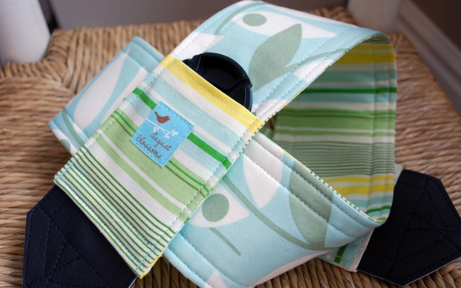 Camera Strap Nicey Jane Blue Vine and Stripe Reversible Lens Cap Pocket