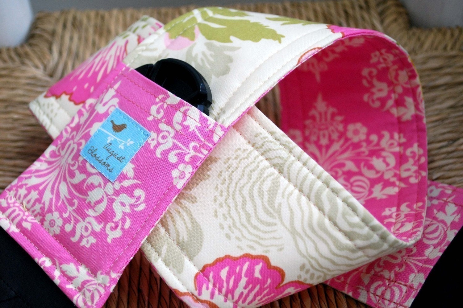 Reversible Camera Strap Lens Cap Pocket Ivory and Bubblegum Poppies