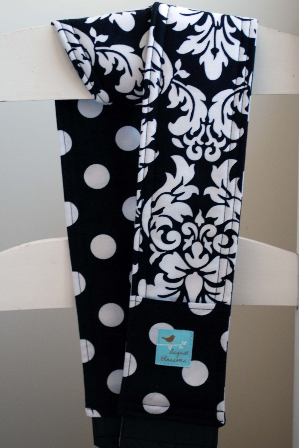 Camera Strap Black and White Damask and Dot Reversible Lens Cap Pocket