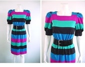 1980s Rocker Vintage Bold Color Block Striped Dress - Extra Small to Small
