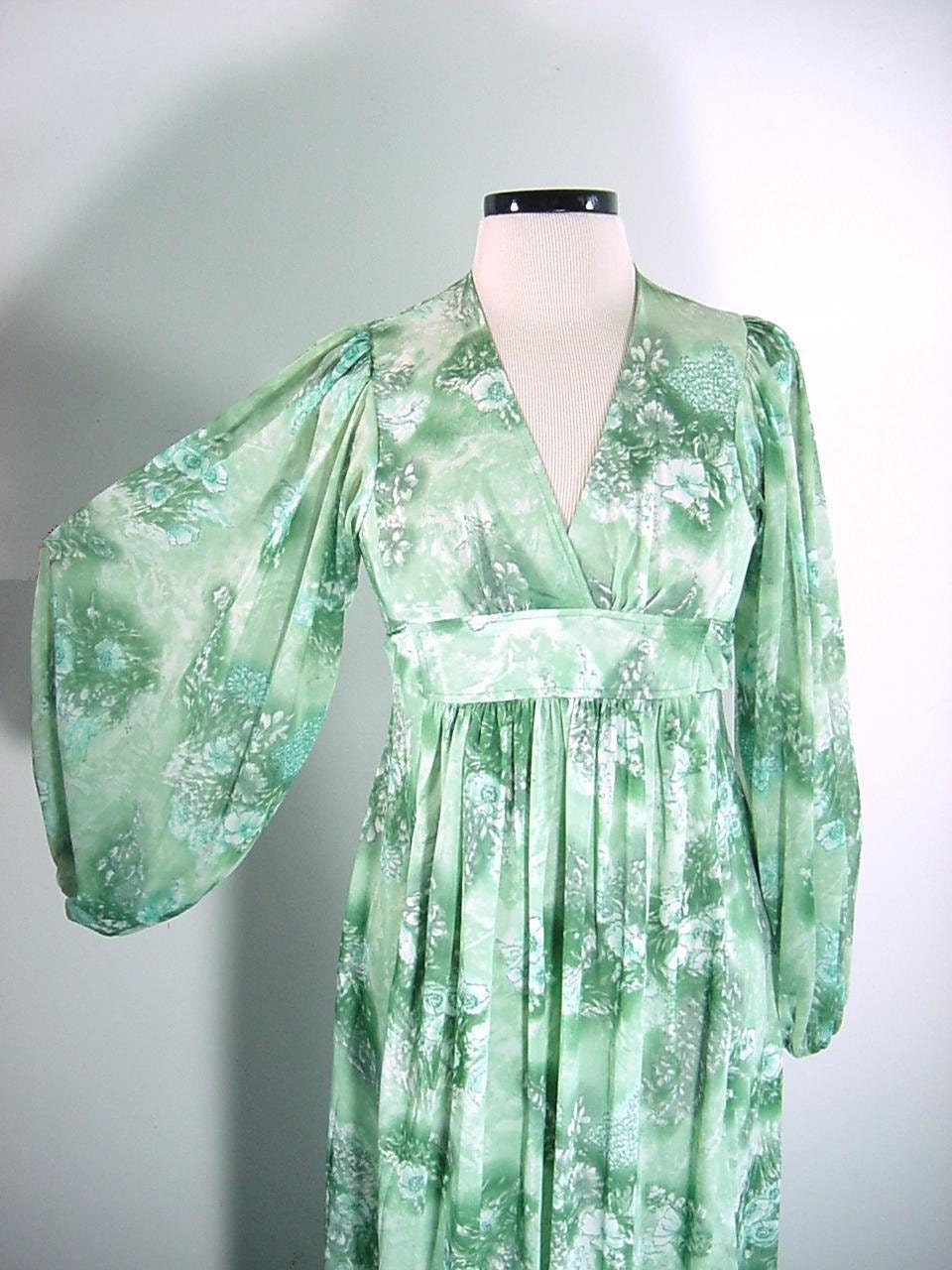 Vintage 1970s Maxi Dress with Huge Sheer Poet Sleeves in Meadow Green Floral - Extra Small to Small