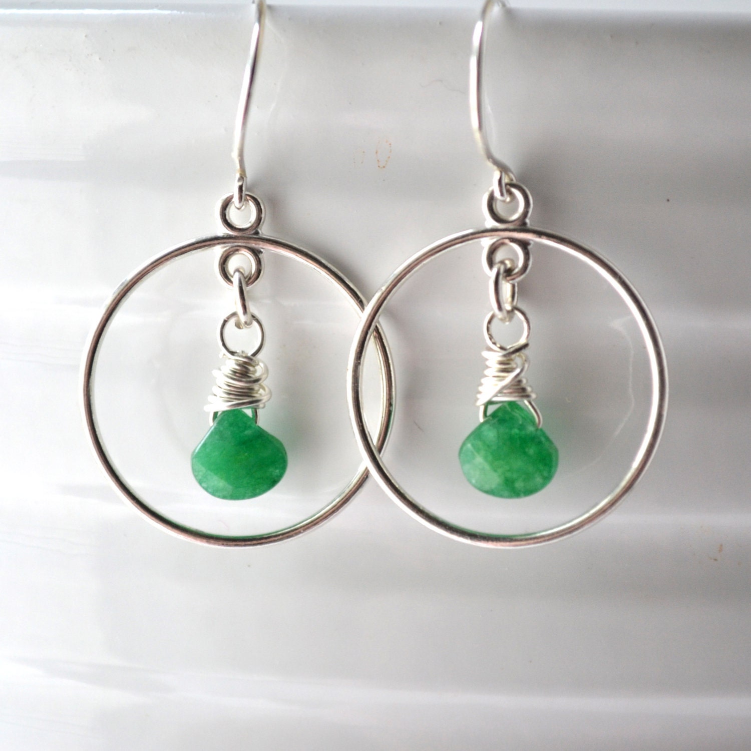 Emerald Green Jade Briolette and Sterling Silver Dangle Hoop Earrings