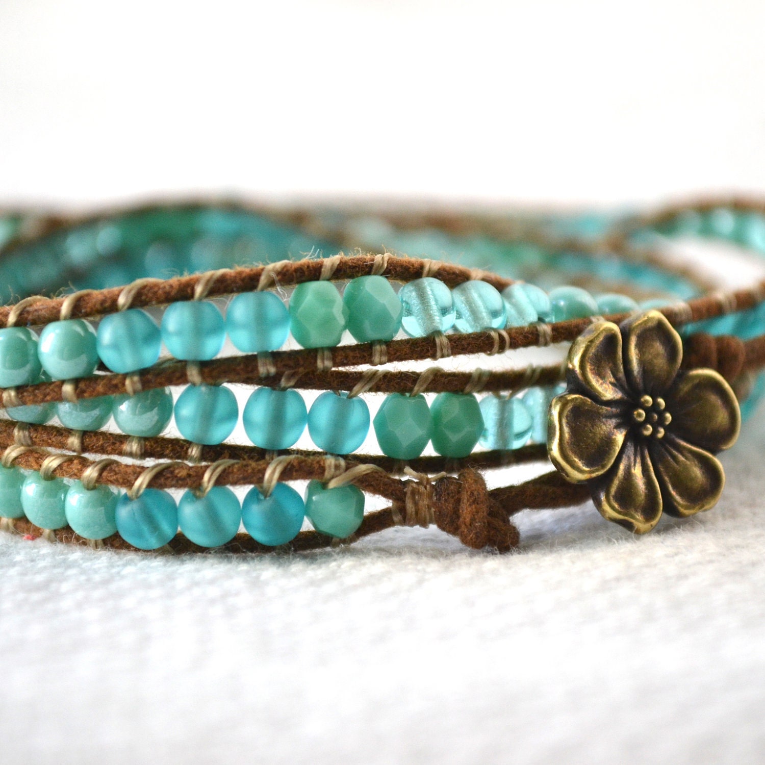 Brown Waxed Cotton, Antique Gold Flower Button, and Turquoise Glass Wrap Bracelet