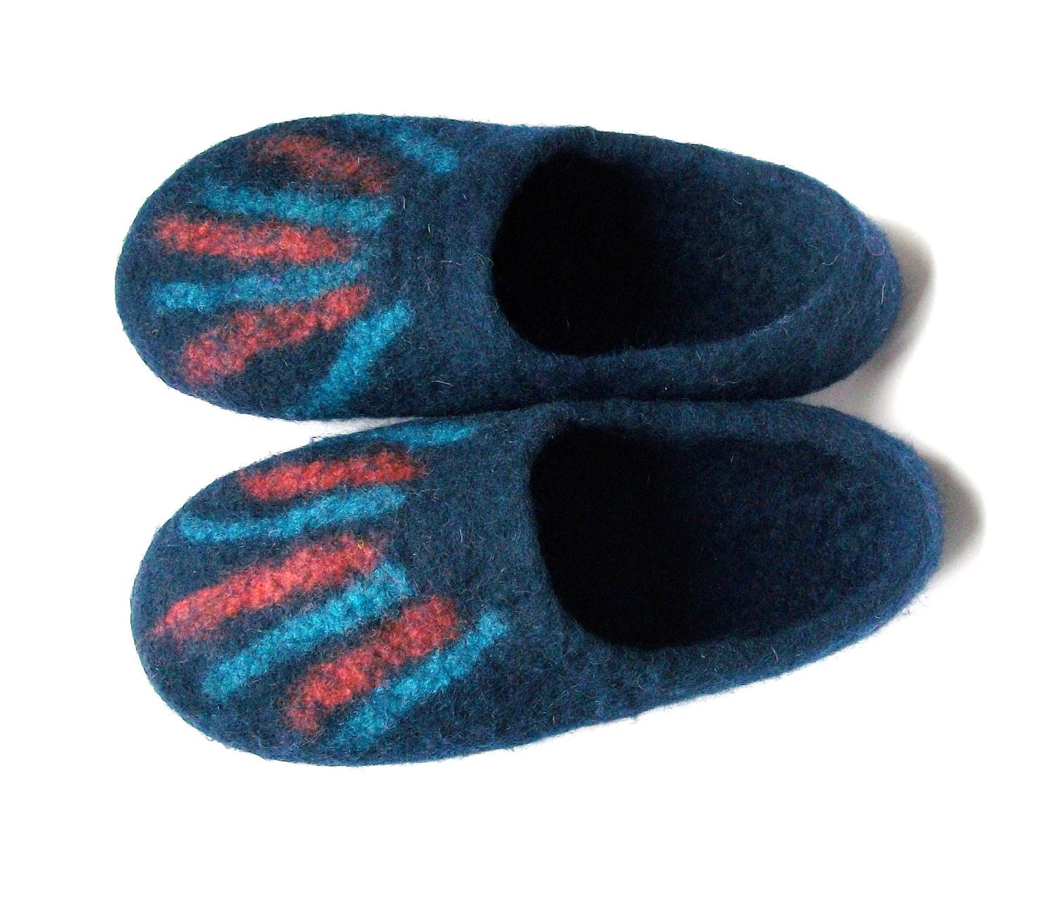 Felted wool slippers "Color stripes" men's, navy blue Handmade to order