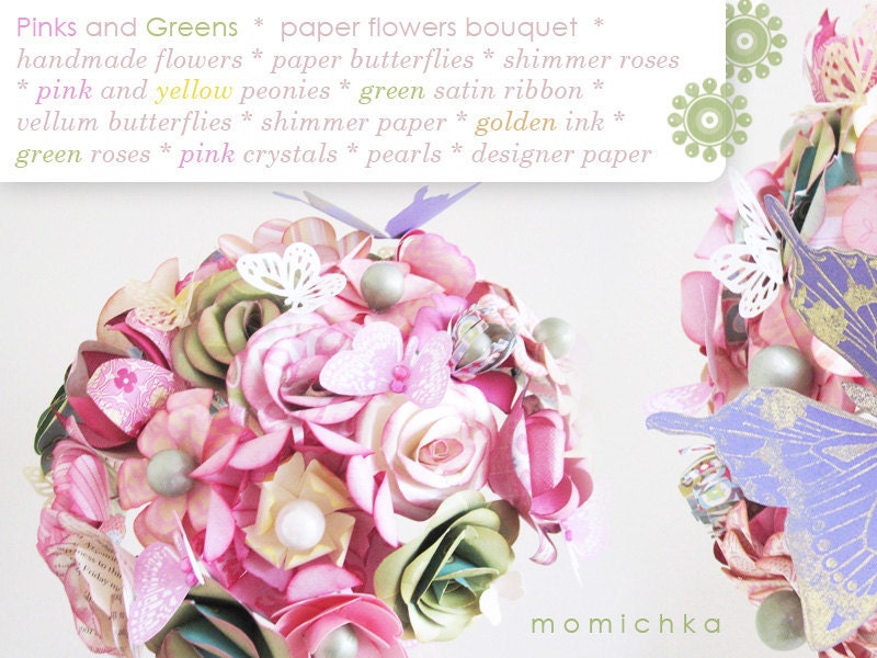 PINKS and GREENS - Paper Flowers - Bridal Bouquet