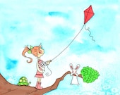 Girl with Auburn Hair Red Kite and Bunny - The GIRL With The RED KITE - 5x7 Art Print - Children