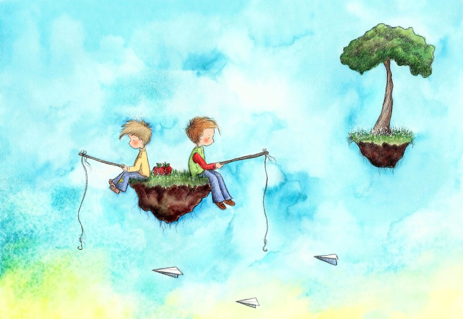 Two Boys Brothers Blonde and Brown Hair Fishing - CATCHING PAPER AIRPLANES - 5x7 Art Print