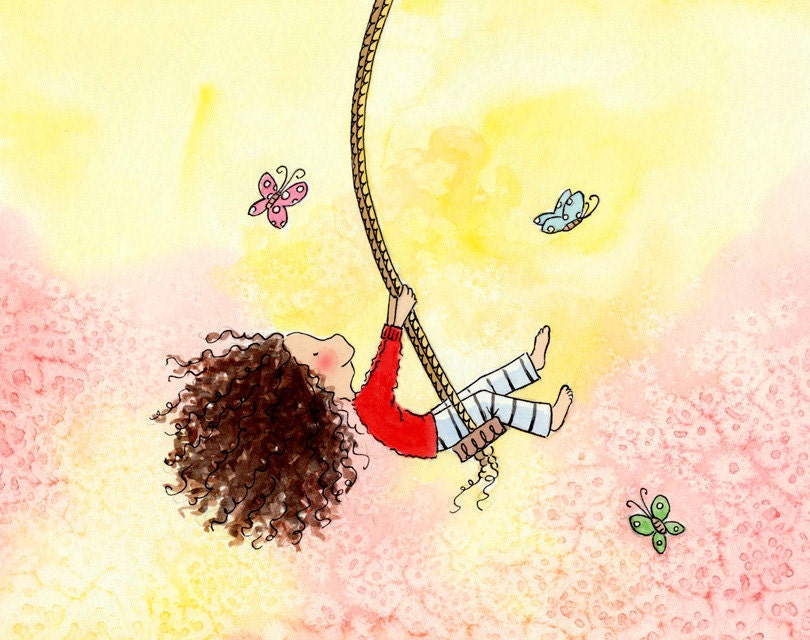 Girl With Long Curly Brunette Hair and Butterflies - SWINGING WITH BUTTERFLIES - 5x7 Art Print Children