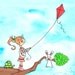 Girl with Auburn Hair Red Kite and Bunny - The GIRL With The RED KITE - 5x7 Art Print - Children
