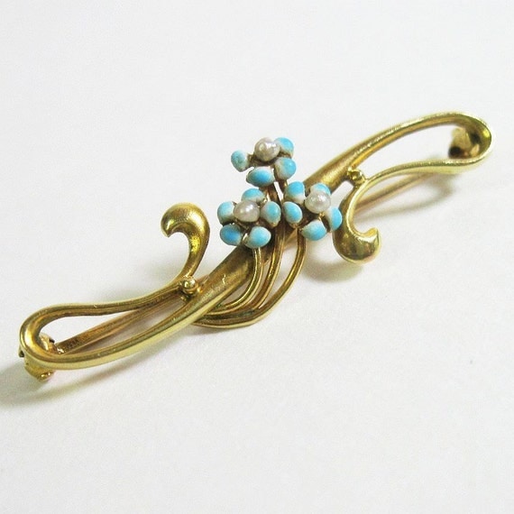 Antique Art Nouveau 14K Gold Pin Baby Blue Enamel Seed Pearls C1910