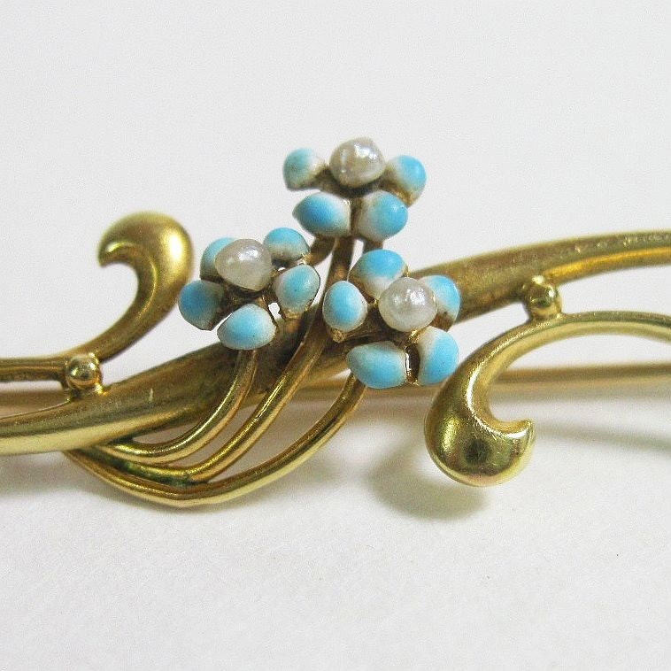 Antique Art Nouveau 14K Gold Pin Baby Blue Enamel Seed Pearls C1910