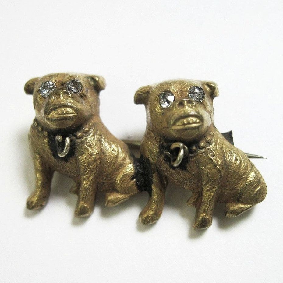 TINY Edwardian Dogs Pin Brooch - Pugs - Bulldogs -Animal - Gold Gilt - Antique - Vintage - C1905