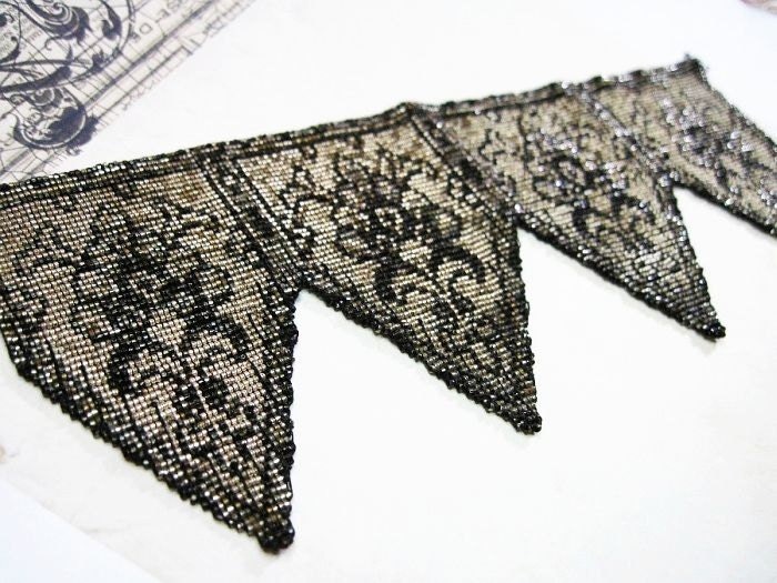 Two Antique Victorian to Edwardian Micro Beaded Panels Triangles Geometric Goth Each 7 x 3 Inches Destash Repurpose C1900