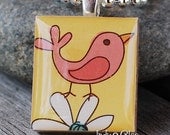 PINK BIRD on DAISY Kids Handmade Animal Scrabble Tile Art Pendant Charm Jewelry Necklace