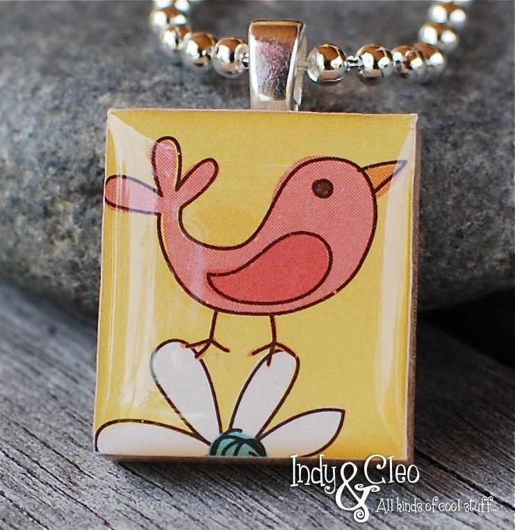 PINK BIRD on DAISY Scrabble Tile Pendant and Chain