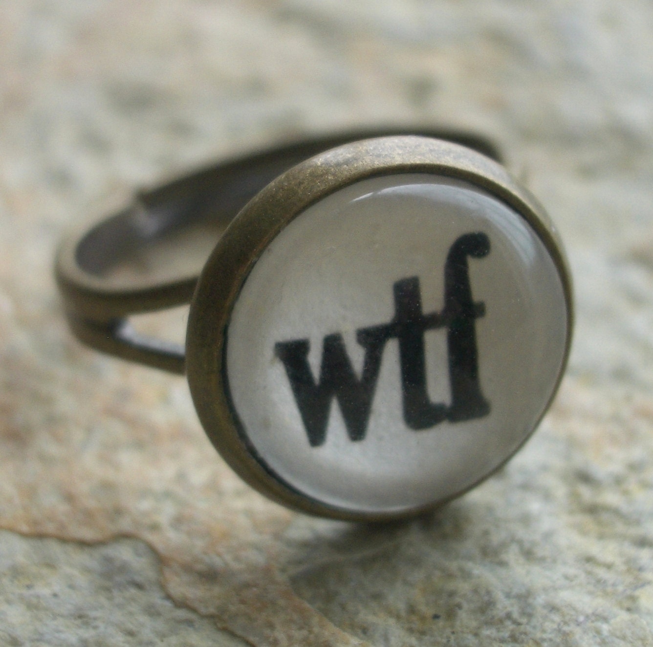 Antiqued Brass  WTF  Ring, Adjustable - Tall, Chunky Font