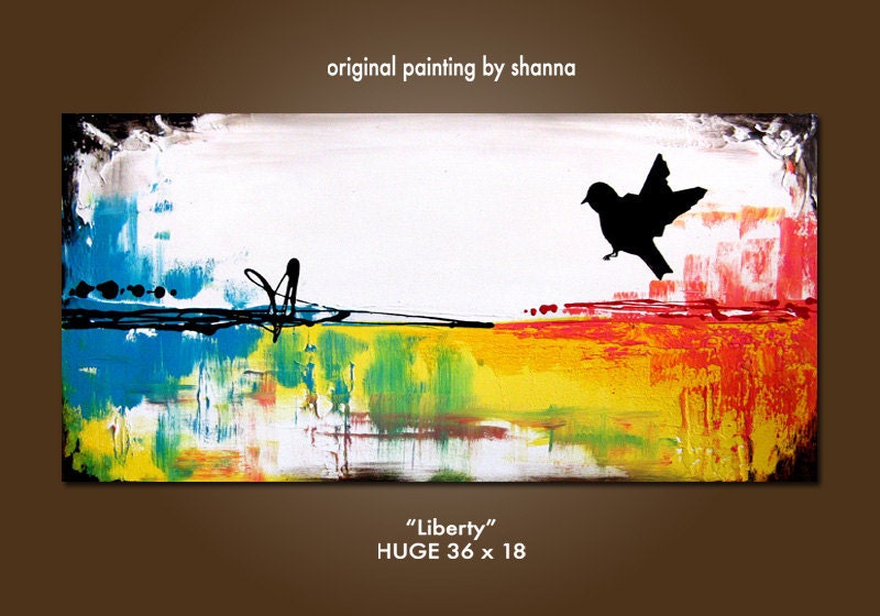 Liberty - 36 x 18, Original Modern Contemporary Acrylic PAINTING canvas, Heavy Textured Abstract Bird Art by Shanna