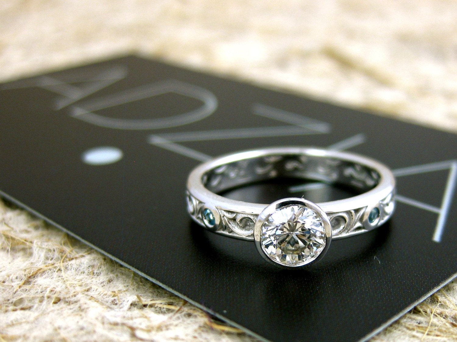 Hand Made .50 ct Diamond Engagement or Wedding Ring with Light Blue Topaz Accents and Scroll Work Cast in 14K White Gold