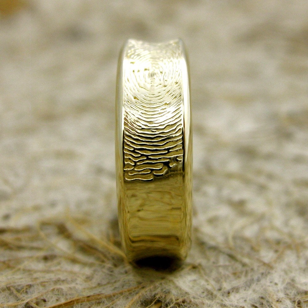 Hand Made Finger Print Ring or Thumbprint Wedding Band in 14K Yellow Gold with Concave Profile & Glossy Finish Size 9/7mm