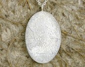Handmade Oval Shaped and Double Sided Finger or Thumb Print Pendant Necklace or Jewelry Piece in Sterling Silver with Chain of Your Choice