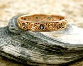 Custom Made Synthetic Purple Green Alexandrite Wedding Band in 14K Rose Gold with Scrolls and Glossy Finish Size 10/4mm