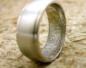 Custom Designed Double Finger or Thumb Print Wedding Ring in 14K White Gold with Matte Center and Glossy Edges Size 9/8mm