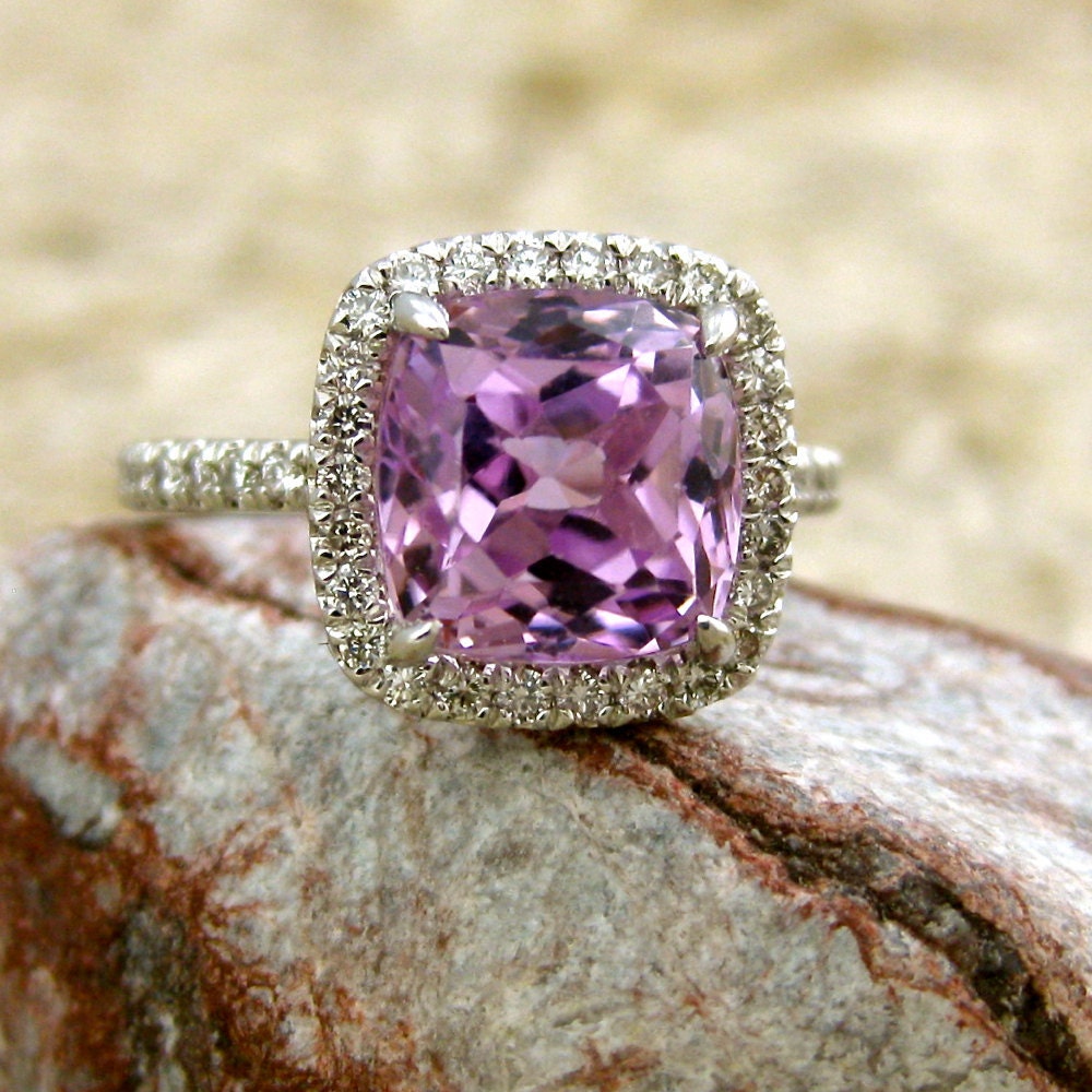 Vintage Inspired Lilac Lavender Kunzite & Diamond Engagement Ring in 14K White Gold Size 5.5