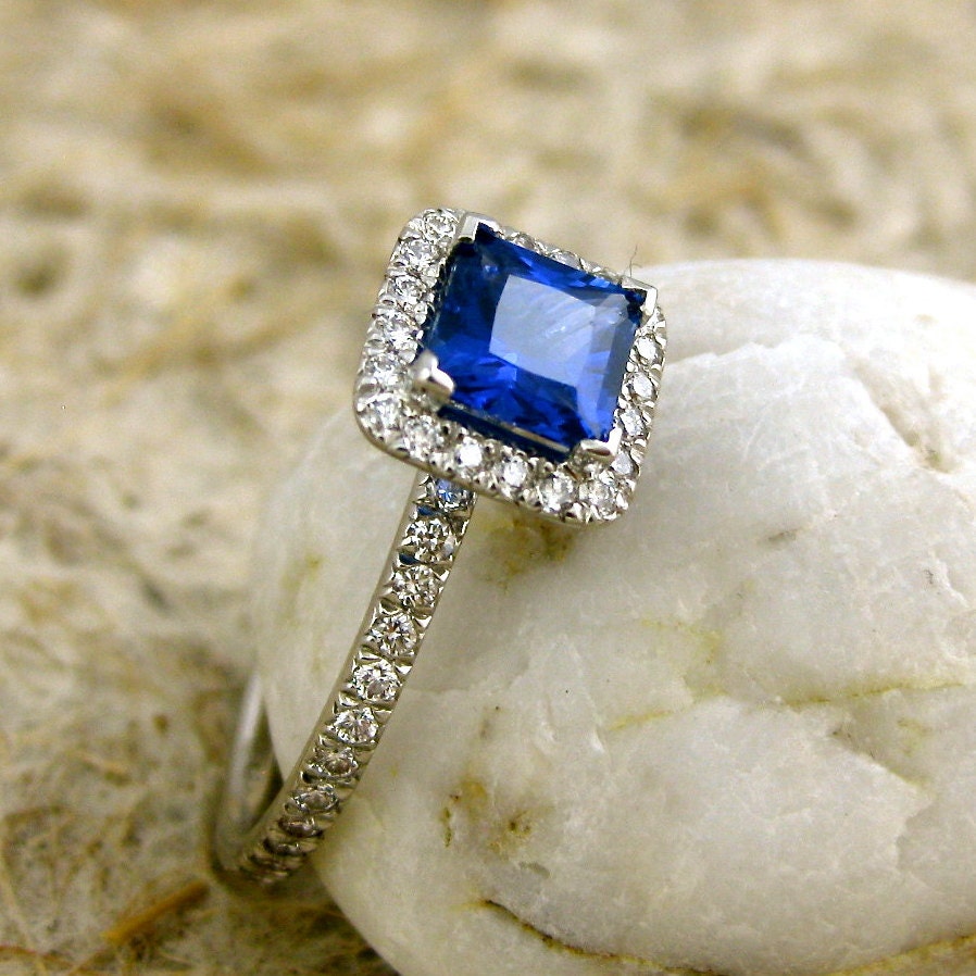 Custom Made Princess Cut Blue Sapphire & Diamond Engagement Ring in Platinum